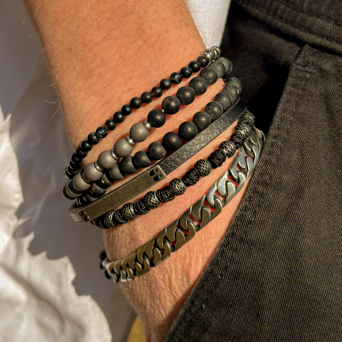Aged Steel Leather Bracelet