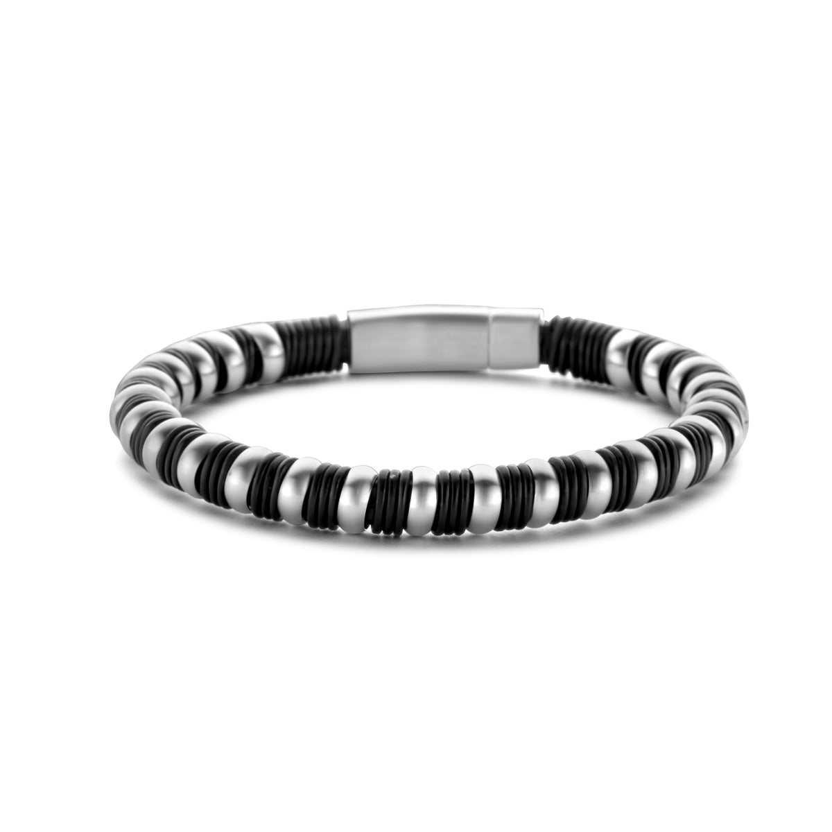 Zwarte leren armband met stalen kralen