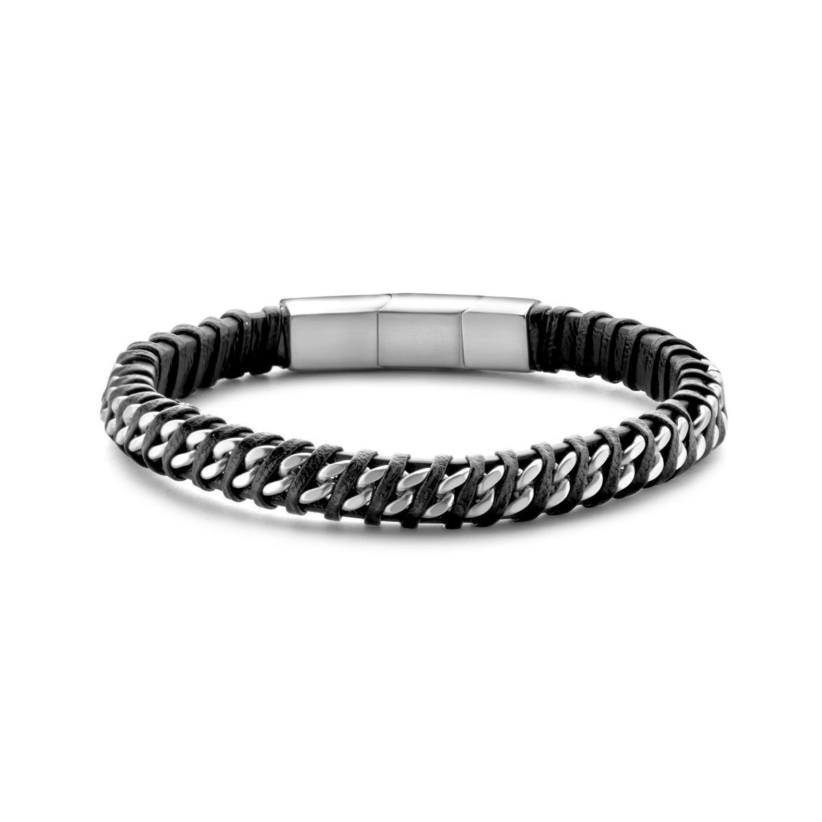 Zwarte leren armband met stalen ketting