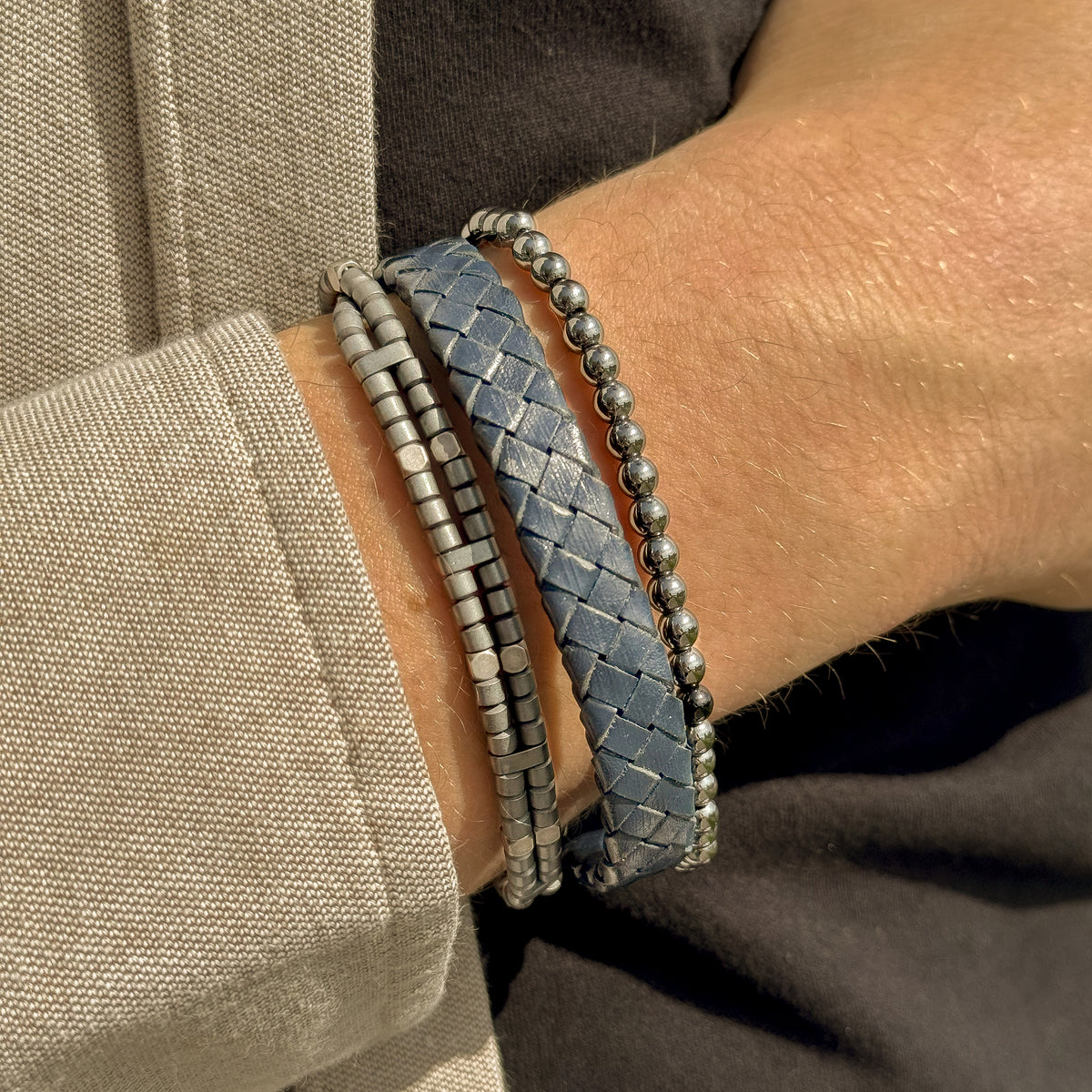 Steel and Hematite Beaded Bracelet