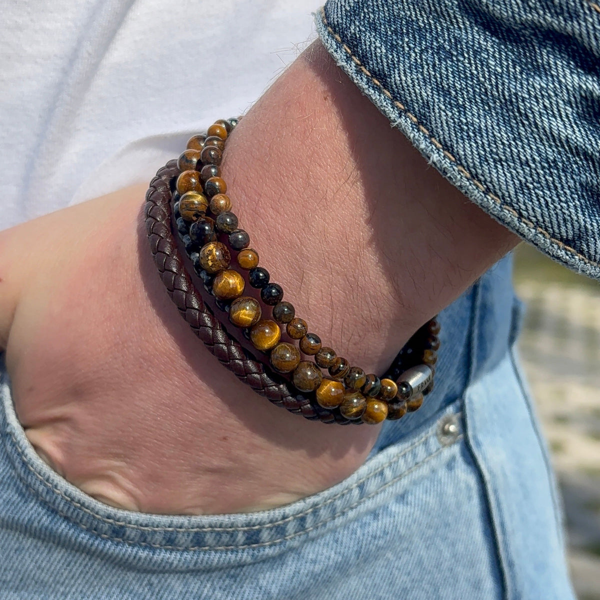 Gevlochten leren armband