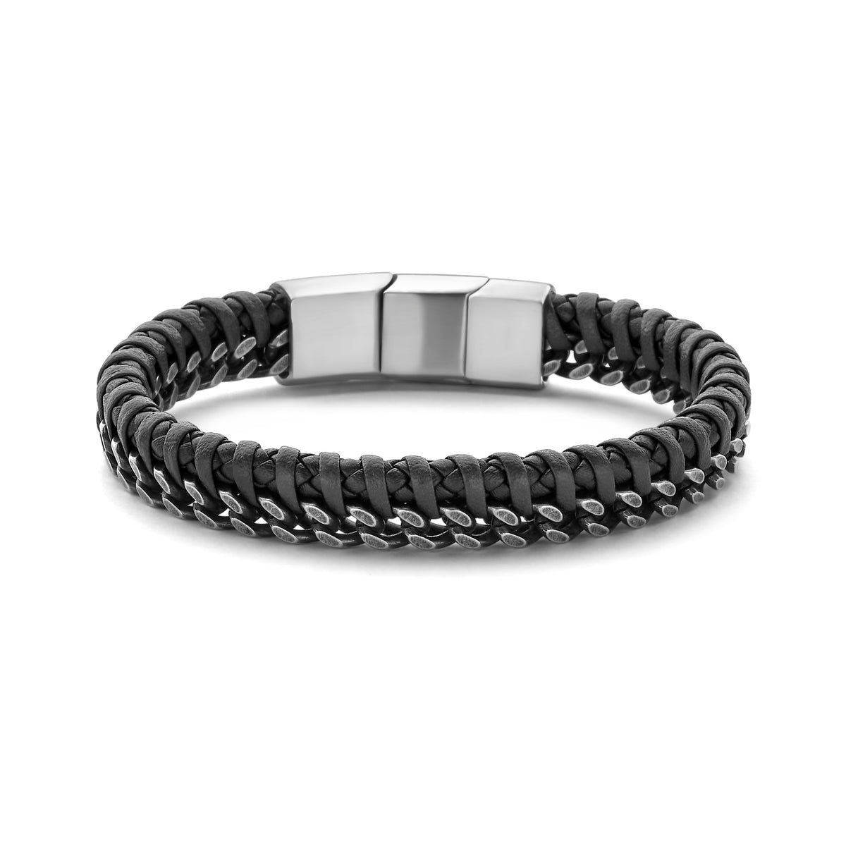 Leren en stalen kettingarmband