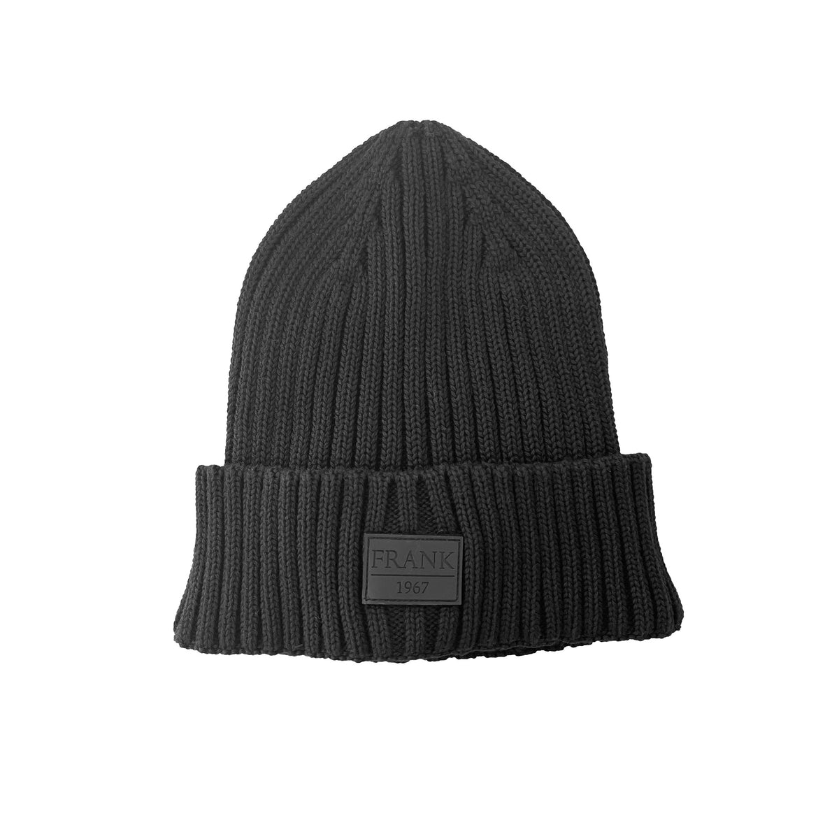 Ribbed Knit Beanie with Turn-Up Cuff and Logo Patch – Black