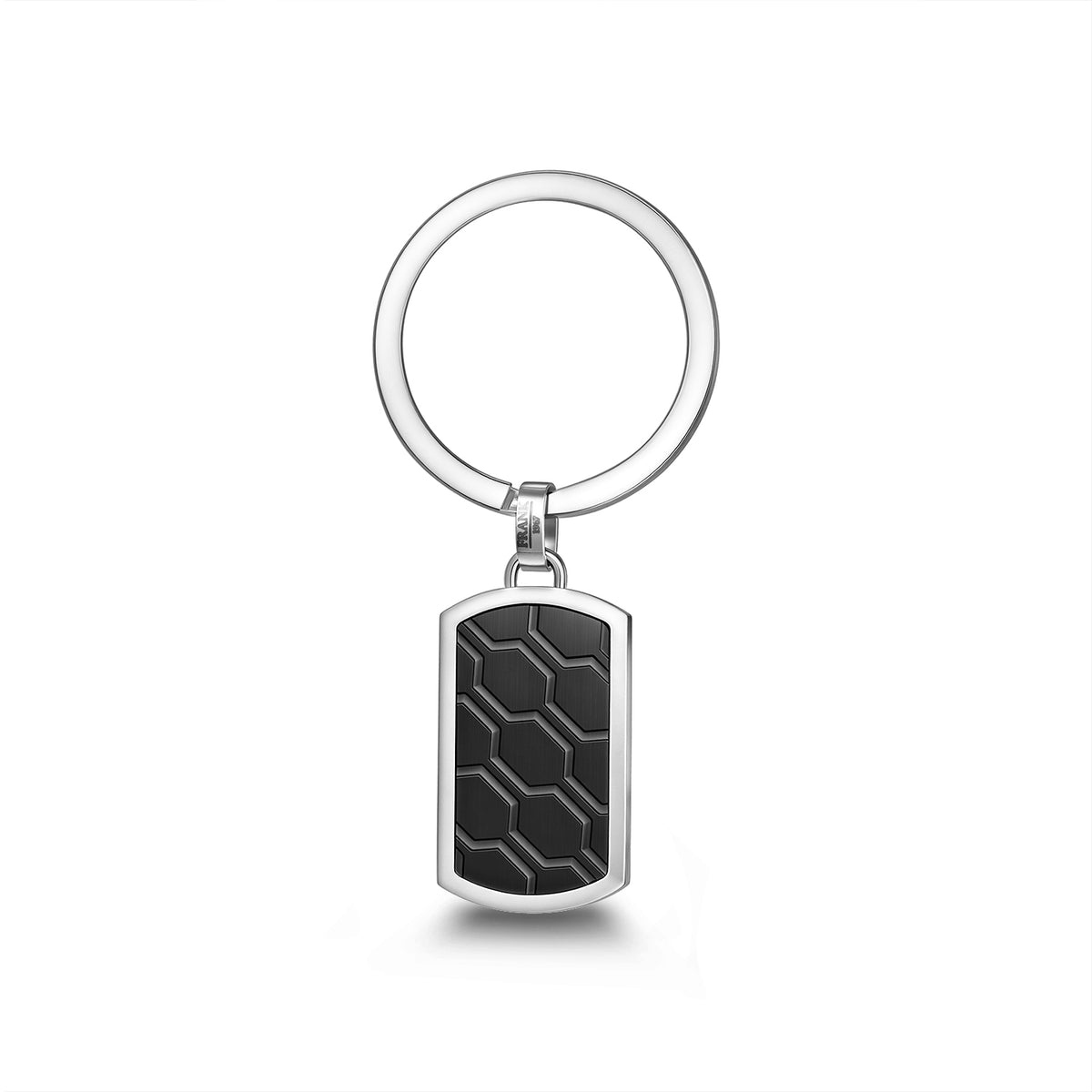 Stainless Steel Keyring with Black Geometric Dog Tag Pendant